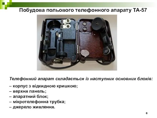 Побудова польового телефонного апарату ТА-57 Телефонний апарат складається із наступних основних блоків: