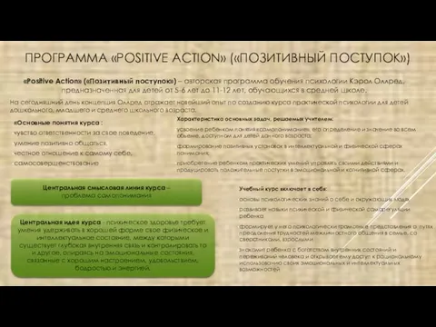 ПРОГРАММА «POSITIVE ACTION» («ПОЗИТИВНЫЙ ПОСТУПОК») «Positive Action» («Позитивный поступок») – авторская программа