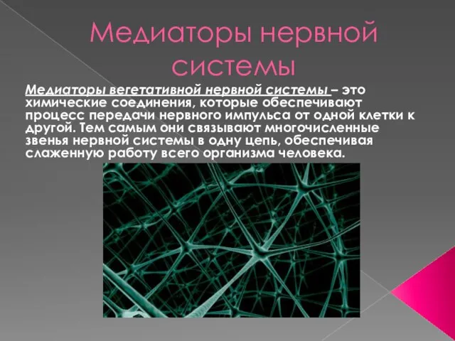 Медиаторы нервной системы Медиаторы вегетативной нервной системы – это химические соединения, которые