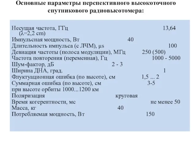 Основные параметры перспективного высокоточного спутникового радиовысотомера: Несущая частота, ГГц 13,64 (λ=2,2 cm)