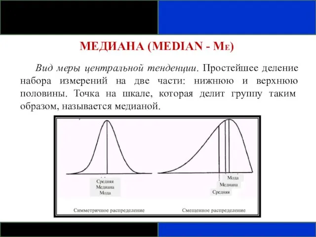 МЕДИАНА (MEDIAN - ME) Вид меры центральной тенденции. Простейшее деление набора измерений
