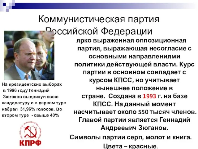 Коммунистическая партия Российской Федерации ярко выраженная оппозиционная партия, выражающая несогласие с основными