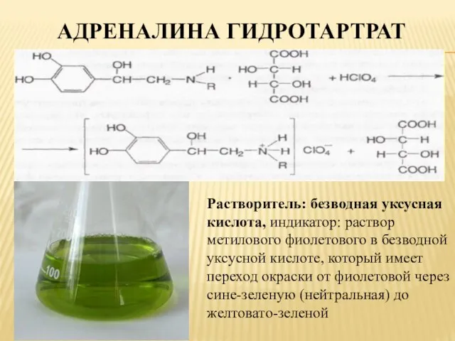 АДРЕНАЛИНА ГИДРОТАРТРАТ Растворитель: безводная уксусная кислота, индикатор: раствор метилового фиолетового в безводной