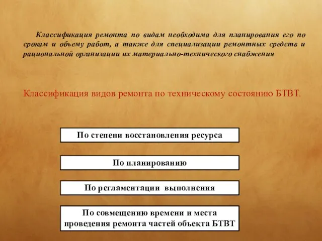 Классификация ремонта по видам необходима для планирования его по срокам и объему