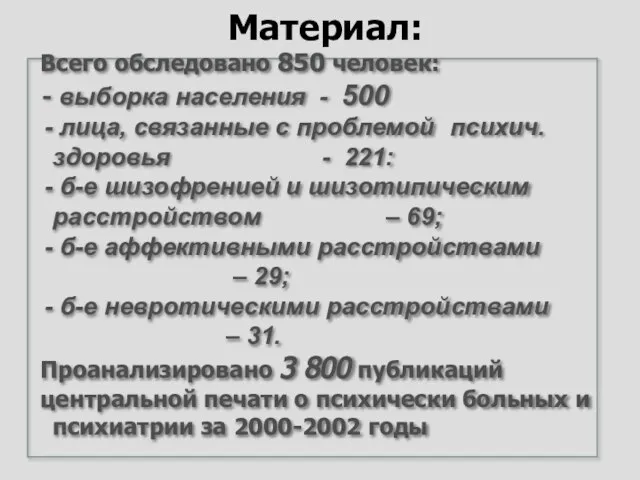 Всего обследовано 850 человек: выборка населения - 500 лица, связанные с проблемой