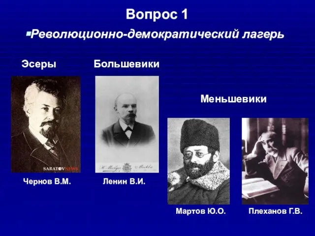 Вопрос 1 Революционно-демократический лагерь Эсеры Большевики Меньшевики Плеханов Г.В. Мартов Ю.О. Ленин В.И. Чернов В.М.