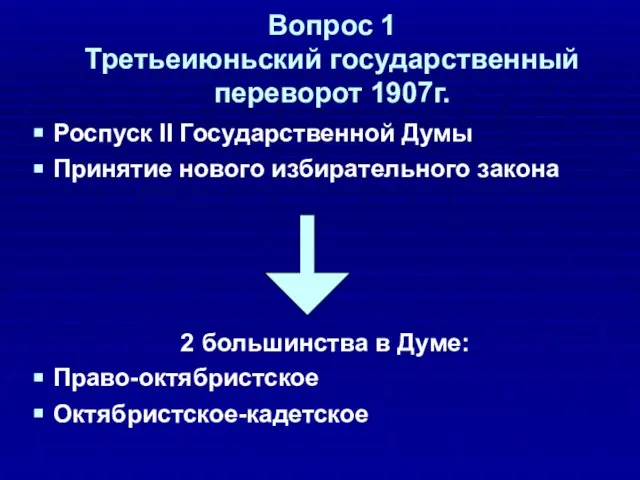 Вопрос 1 Третьеиюньский государственный переворот 1907г. Роспуск II Государственной Думы Принятие нового