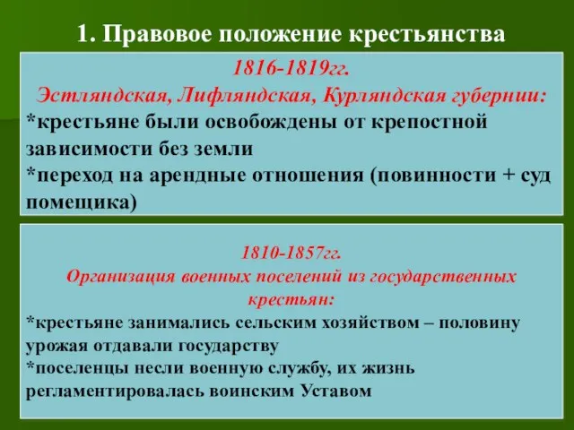 1. Правовое положение крестьянства 1810-1857гг. Организация военных поселений из государственных крестьян: *крестьяне