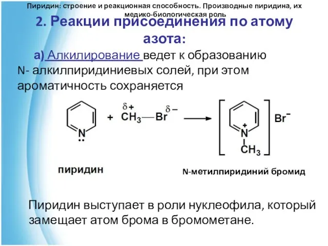 2. Реакции присоединения по атому азота: а) Алкилирование ведет к образованию N-