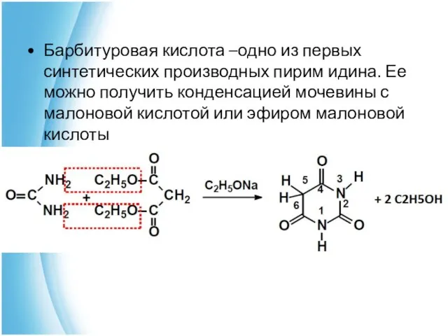 Барбитуровая кислота –одно из первых синтетических производных пирим идина. Ее можно получить