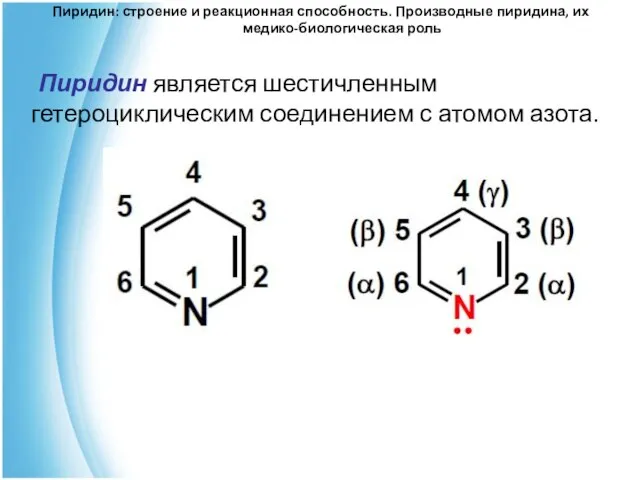 Пиридин: строение и реакционная способность. Производные пиридина, их медико-биологическая роль Пиридин является