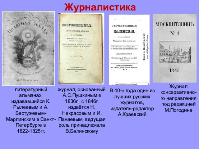 Журналистика литературный альманах, издававшийся К.Рылеевым и А.Бестужевым-Марлинским в Санкт-Петербурге в 1822-1825гг. журнал,