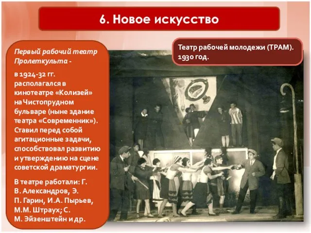 6. Новое искусство Театр рабочей молодежи (ТРАМ). 1930 год. Первый рабочий театр