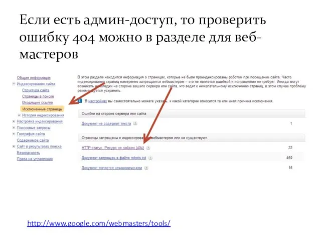 Если есть админ-доступ, то проверить ошибку 404 можно в разделе для веб-мастеров http://www.google.com/webmasters/tools/