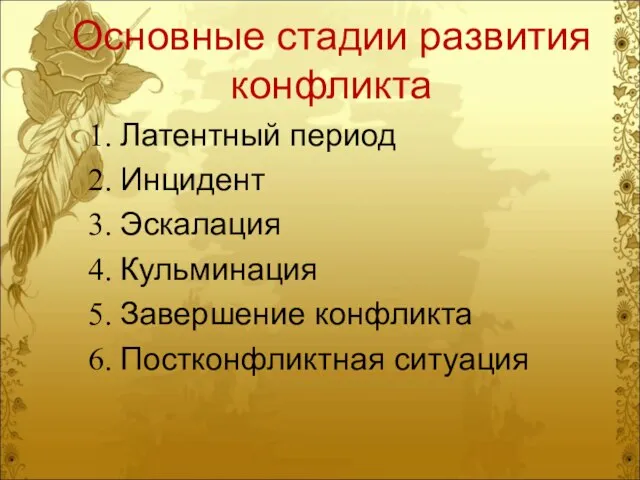 Основные стадии развития конфликта Латентный период Инцидент Эскалация Кульминация Завершение конфликта Постконфликтная ситуация