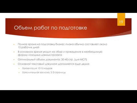 Объем работ по подготовке Полное время на подготовку бизнес-плана обычно составляет около