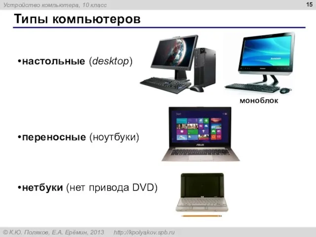 Типы компьютеров настольные (desktop) переносные (ноутбуки) нетбуки (нет привода DVD)