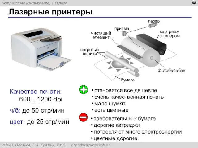 Лазерные принтеры Качество печати: 600…1200 dpi ч/б: до 50 стр/мин цвет: до