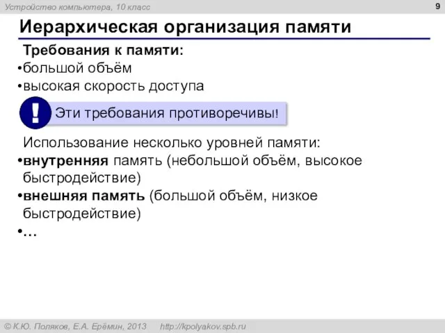 Иерархическая организация памяти Требования к памяти: большой объём высокая скорость доступа Использование