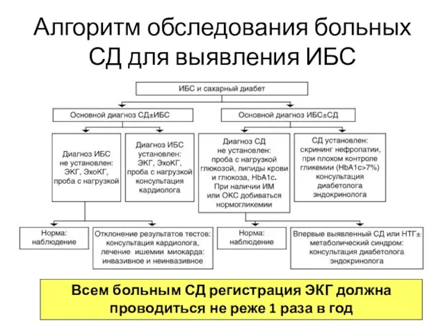 Алгоритм обследования больных СД для выявления ИБС Всем больным СД регистрация ЭКГ