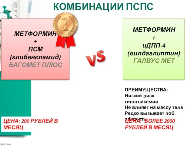 КОМБИНАЦИИ ПСПС МЕТФОРМИН + ПСМ (глибенкламид) БАГОМЕТ ПЛЮС МЕТФОРМИН + иДПП-4 (вилдаглиптин)