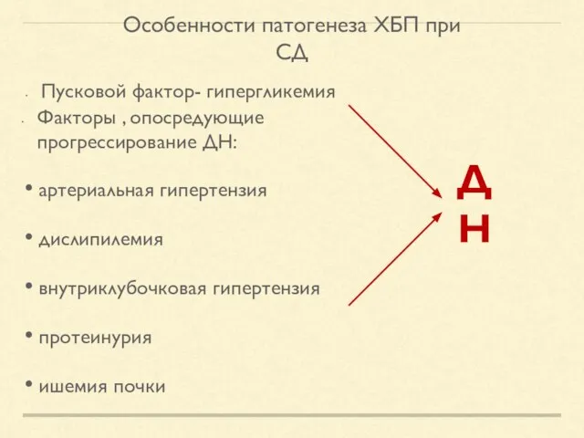 Особенности патогенеза ХБП при СД Пусковой фактор- гипергликемия Факторы , опосредующие прогрессирование