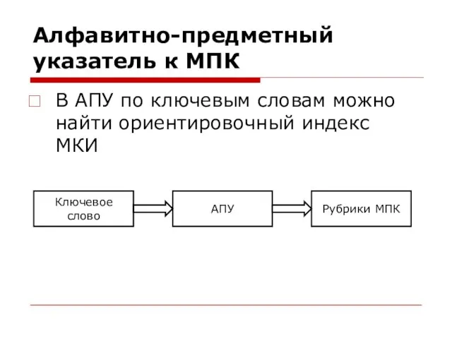 Алфавитно-предметный указатель к МПК В АПУ по ключевым словам можно найти ориентировочный