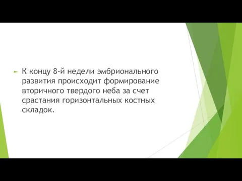 К концу 8-й недели эмбрионального развития происходит формирование вторичного твердого неба за