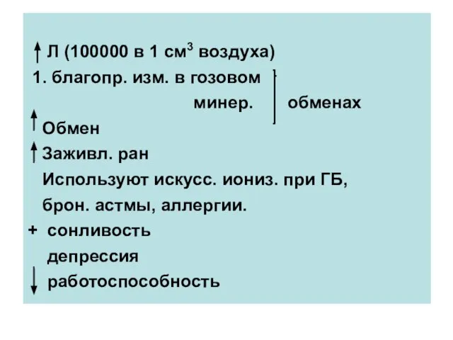 Л (100000 в 1 см3 воздуха) 1. благопр. изм. в гозовом минер.