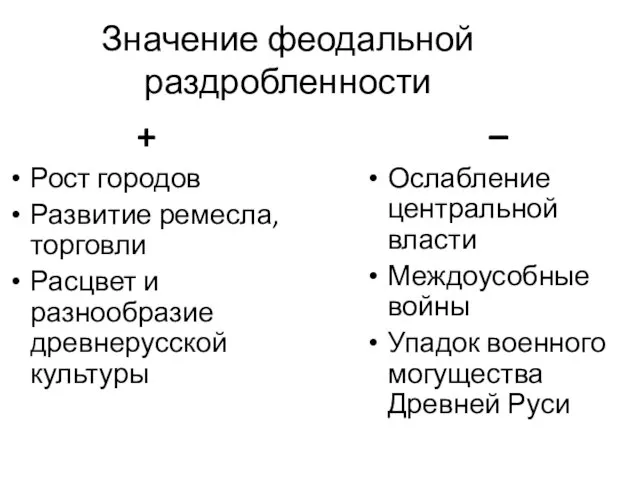 Значение феодальной раздробленности + Рост городов Развитие ремесла, торговли Расцвет и разнообразие