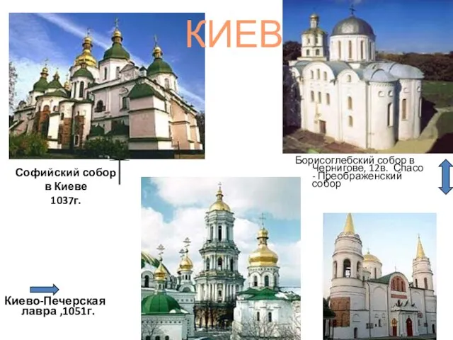 Софийский собор в Киеве 1037г. Киево-Печерская лавра ,1051г. Борисоглебский собор в Чернигове,