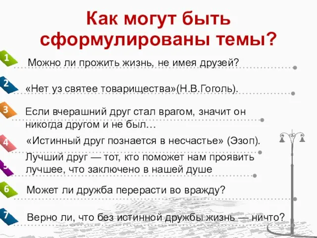 Как могут быть сформулированы темы? Можно ли прожить жизнь, не имея друзей?