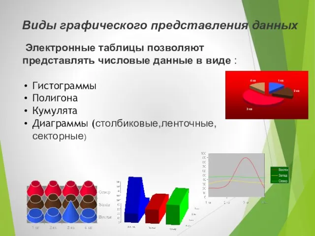 Виды графического представления данных Электронные таблицы позволяют представлять числовые данные в виде