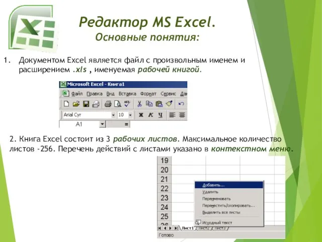 Редактор MS Excel. Основные понятия: : Документом Excel является файл с произвольным