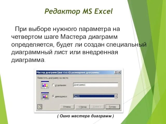 Редактор MS Excel При выборе нужного параметра на четвертом шаге Мастера диаграмм