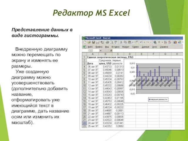 Представление данных в виде гистограммы. Редактор MS Excel Внедренную диаграмму можно перемещать