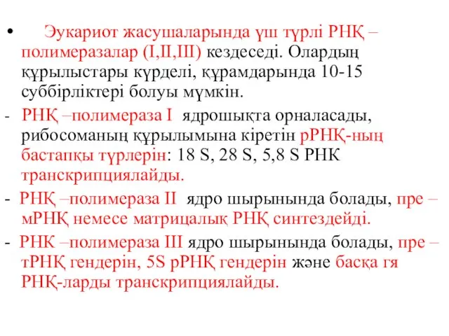 Эукариот жасушаларында үш түрлі РНҚ –полимеразалар (I,II,III) кездеседі. Олардың құрылыстары күрделі, құрамдарында