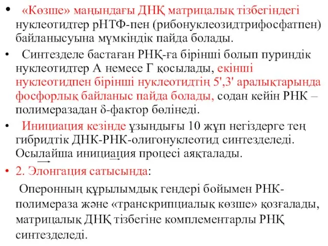 «Көзше» маңындағы ДНҚ матрицалық тізбегіндегі нуклеотидтер рНТФ-пен (рибонуклеозидтрифосфатпен) байланысуына мүмкіндік пайда болады.