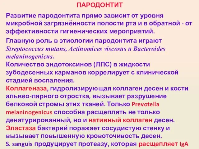 ПАРОДОНТИТ Развитие пародонтита прямо зависит от уровня микробной загрязнённости полости рта и