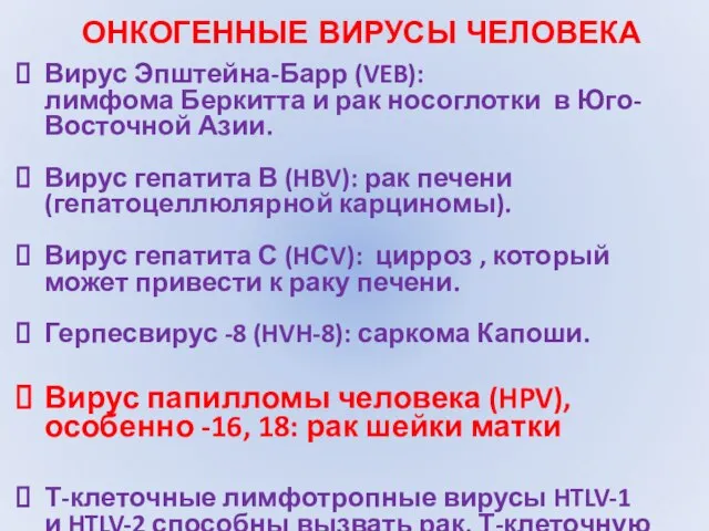 ОНКОГЕННЫЕ ВИРУСЫ ЧЕЛОВЕКА Вирус Эпштейна-Барр (VEB): лимфома Беркитта и рак носоглотки в