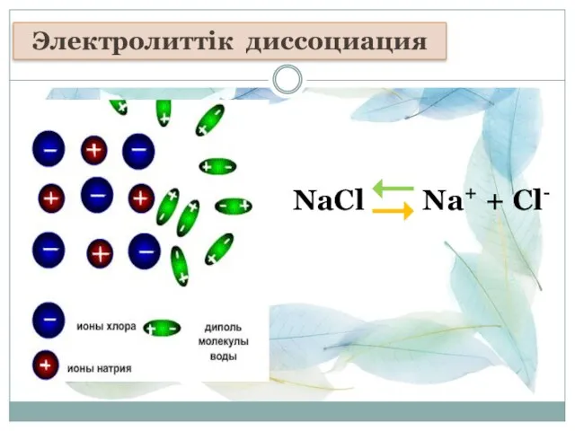 NaCl Na+ + Cl- Электролиттік диссоциация