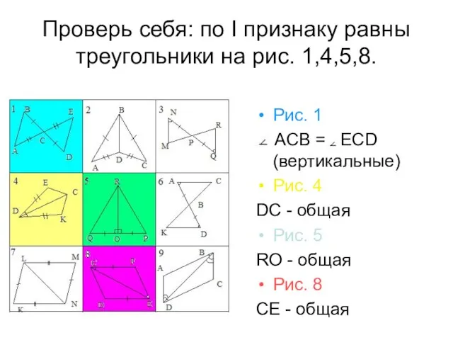 Проверь себя: по I признаку равны треугольники на рис. 1,4,5,8. Рис. 1