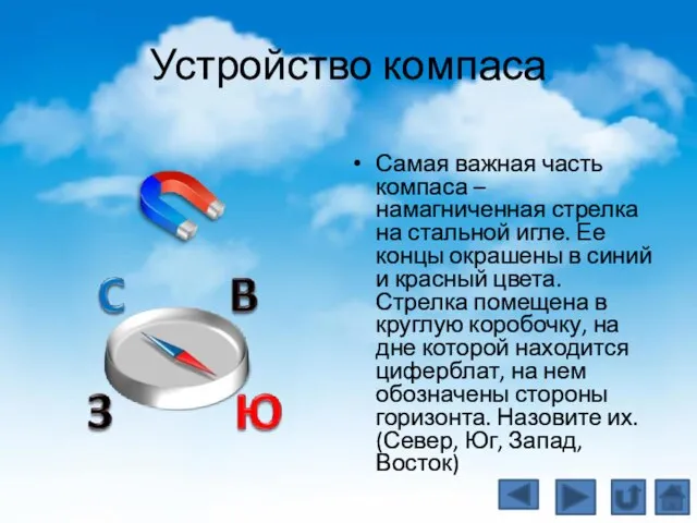 Устройство компаса Самая важная часть компаса – намагниченная стрелка на стальной игле.