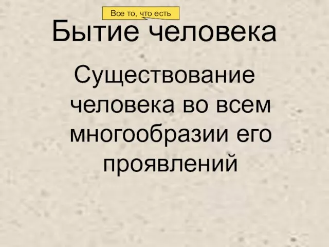 Бытие человека Существование человека во всем многообразии его проявлений Все то, что есть