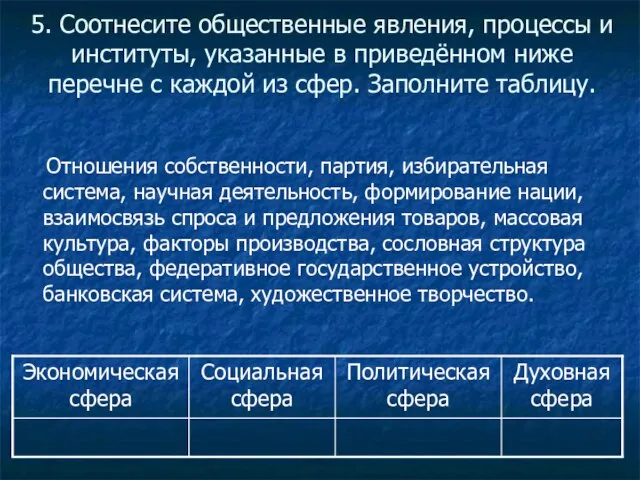 5. Соотнесите общественные явления, процессы и институты, указанные в приведённом ниже перечне