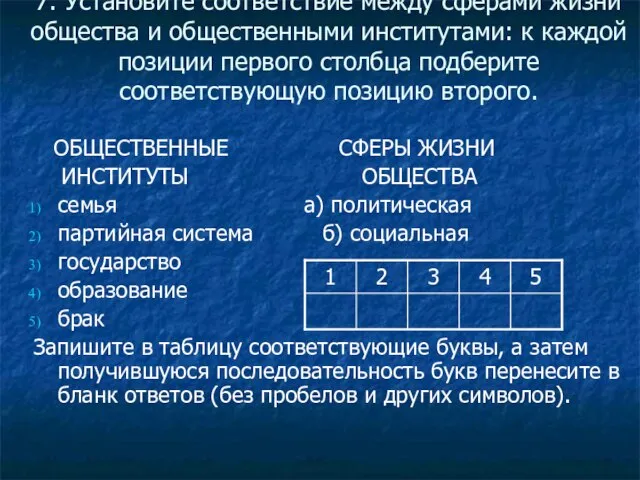 7. Установите соответствие между сферами жизни общества и общественными институтами: к каждой