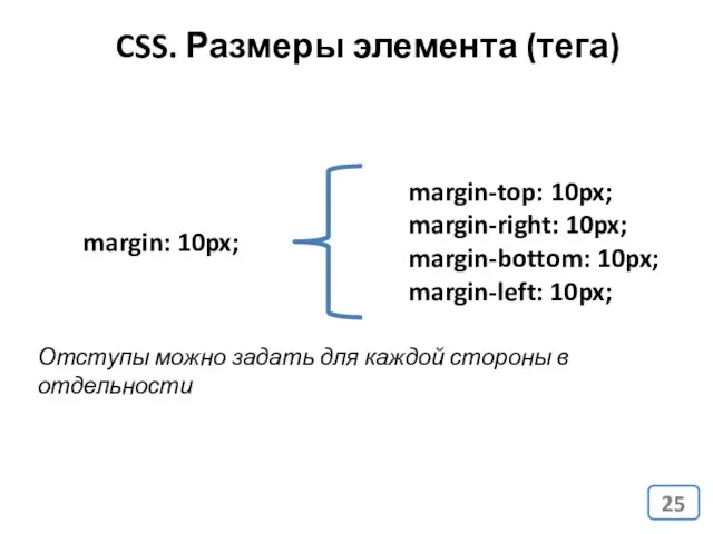 CSS. Размеры элемента (тега) margin: 10px; margin-top: 10px; margin-right: 10px; margin-bottom: 10px;