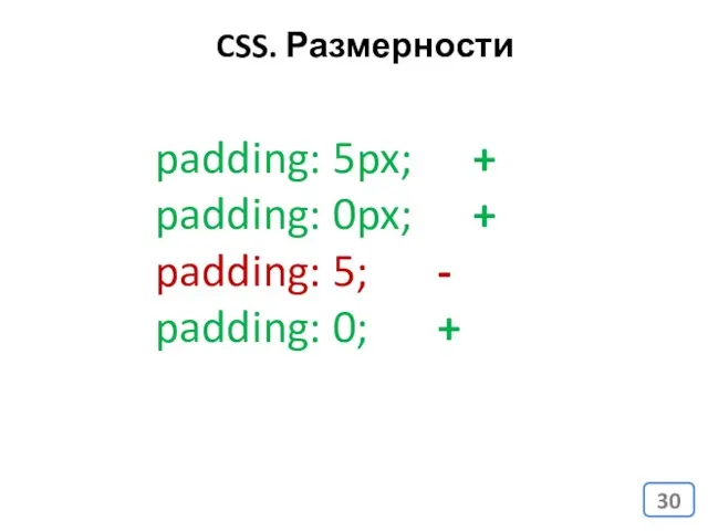 padding: 5px; + padding: 0px; + padding: 5; - padding: 0; + CSS. Размерности