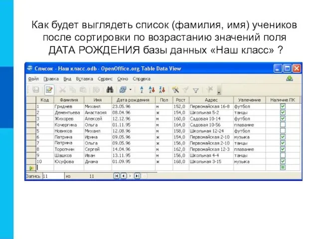 Как будет выглядеть список (фамилия, имя) учеников после сортировки по возрастанию значений