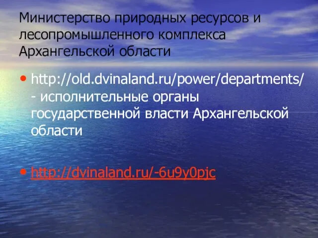 Министерство природных ресурсов и лесопромышленного комплекса Архангельской области http://old.dvinaland.ru/power/departments/ - исполнительные органы